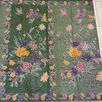(Hand-stamped batik) Vintage Bouquet of flowers with Bird and Butterfly Green