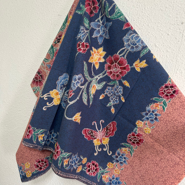 (Hand-stamped batik) Vintage Bouquet of flowers with Butterflies Peach Blue