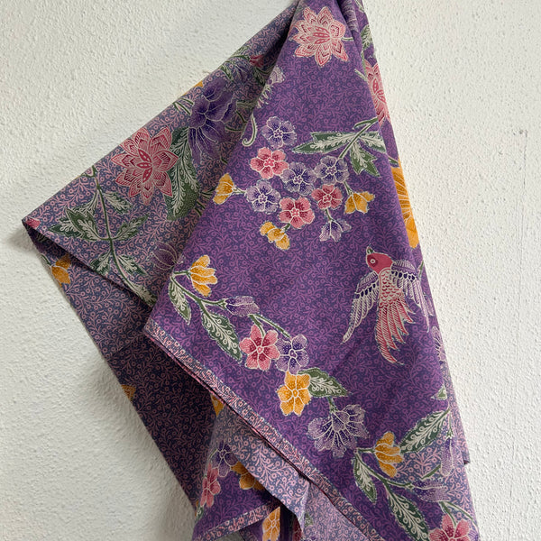 (Hand-stamped batik) Vintage Bouquet of flowers with Bird and Butterfly Purple