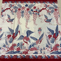 (Hand stamped Batik) Storks by the Lake with flowers Red Border