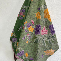 (Hand-stamped batik) Vintage Bouquet of flowers with Bird and Butterfly Green
