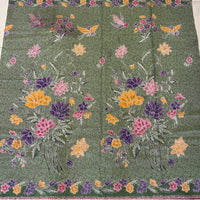 (Hand-stamped batik) Vintage Bouquet of flowers with Bird and Butterfly Green