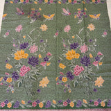 (Hand-stamped batik) Vintage Bouquet of flowers with Bird and Butterfly Green