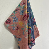 (Hand-stamped batik) Vintage Bouquet of flowers with Butterflies Peach Blue
