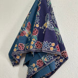 (Hand-stamped batik) Vintage Bouquet of flowers with Butterflies Blue #B
