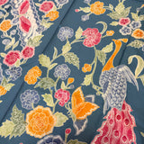 (Hand-stamped Batik) Peacock with flowers Dusty Blue