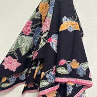 (Hand-stamped batik) Bird and Butterfly among the Flowers Stalks Classic Black