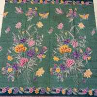 (Hand-stamped batik) Vintage Bouquet of flowers with Bird and Butterfly Turquoise