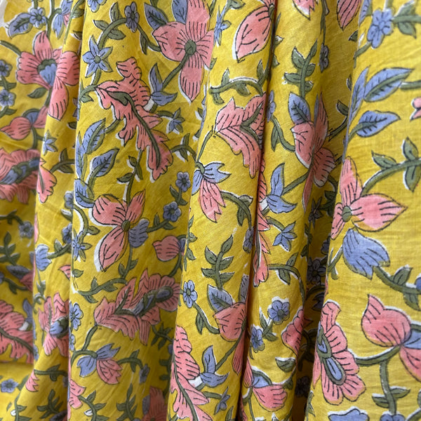 Block Print Pink Floral Vines on Mustard Background