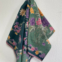 (Hand-stamped batik) Vintage Bouquet of flowers with Bird and Butterfly Turquoise
