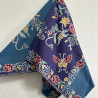 (Hand-stamped batik) Vintage Bouquet of flowers with Butterflies Blue #B