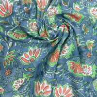 Block Print Lotus Floral Turquoise Background