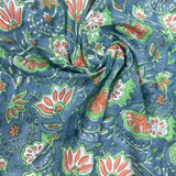 Block Print Lotus Floral Turquoise Background