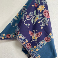 (Hand-stamped batik) Vintage Bouquet of flowers with Butterflies Blue #B