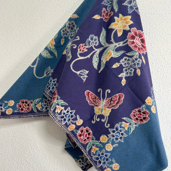 (Hand-stamped batik) Vintage Bouquet of flowers with Butterflies Blue #B