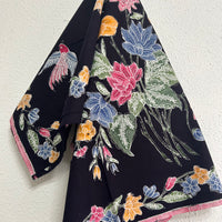 (Hand-stamped batik) Bird and Butterfly among the Flowers Stalks Classic Black