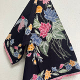 (Hand-stamped batik) Bird and Butterfly among the Flowers Stalks Classic Black