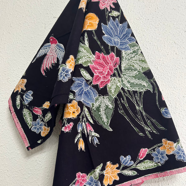 (Hand-stamped batik) Bird and Butterfly among the Flowers Stalks Classic Black