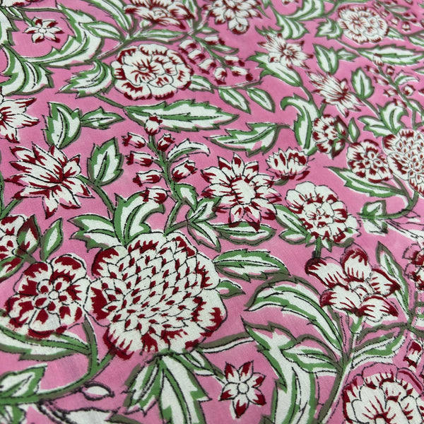 Block Print Red Floral on Pink Background