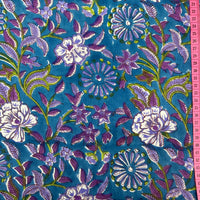 Block Print Purple floral on Turquoise Background