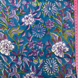 Block Print Purple floral on Turquoise Background