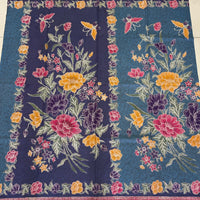 (Hand-stamped batik) Vintage Bouquet of flowers with Butterflies and Bloom Blue #A