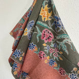 (Hand-stamped batik) Vintage Bouquet of flowers with Butterflies and Bloom Peach Green