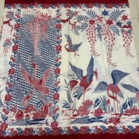 (Hand stamped Batik) Storks by the Lake with flowers Red Border