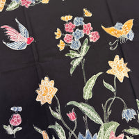(Hand-stamped batik) Bird and Butterfly among the Flowers Stalks Classic Black