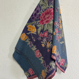 (Hand-stamped batik) Vintage Bouquet of flowers with Butterflies and Bloom Blue #A