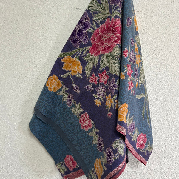 (Hand-stamped batik) Vintage Bouquet of flowers with Butterflies and Bloom Blue #A