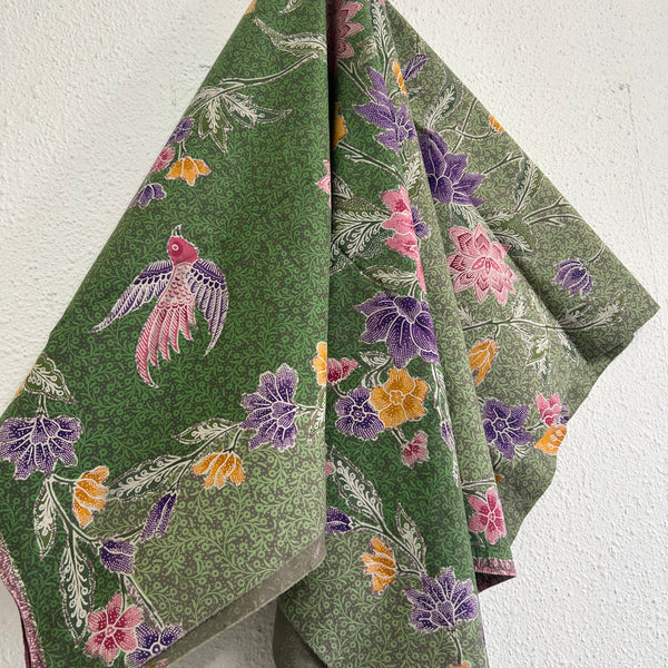 (Hand-stamped batik) Vintage Bouquet of flowers with Bird and Butterfly Green