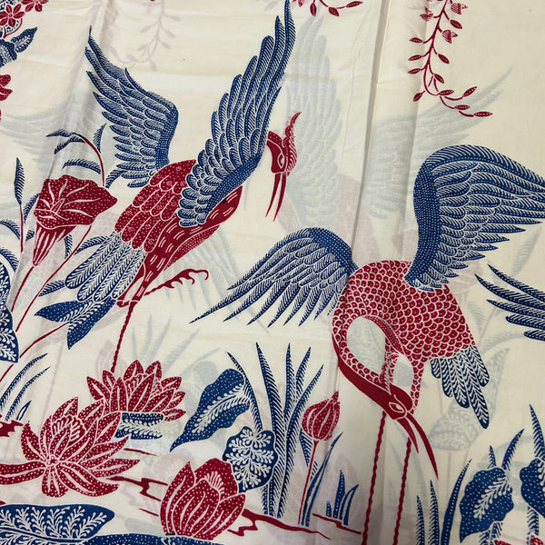 (Hand stamped Batik) Storks by the Lake with flowers Red Border