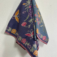 (Hand-stamped batik) Vintage Bouquet of flowers with Butterflies and Bloom Blue #A