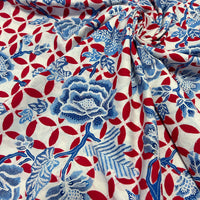 (Hand stamped Batik) Blue Flowers with Red Kawung Motif