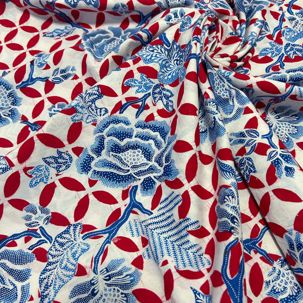 (Hand stamped Batik) Blue Flowers with Red Kawung Motif