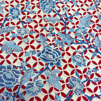 (Hand stamped Batik) Blue Flowers with Red Kawung Motif