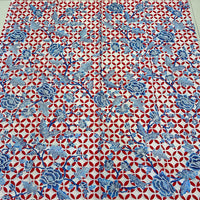 (Hand stamped Batik) Blue Flowers with Red Kawung Motif