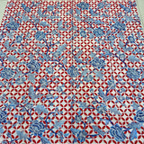 (Hand stamped Batik) Blue Flowers with Red Kawung Motif