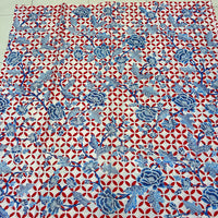 (Hand stamped Batik) Blue Flowers with Red Kawung Motif