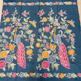 (Hand-stamped Batik) Peacock with flowers Dusty Blue