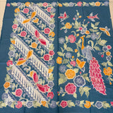 (Hand-stamped Batik) Peacock with flowers Dusty Blue