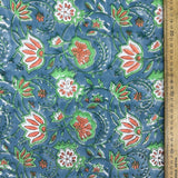 Block Print Lotus Floral Turquoise Background