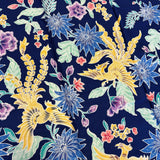(Hand stamped Batik) Phoenix gathering among Flowers Navy