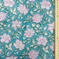 280cm - Block Print Pink Floral on Turquoise Background