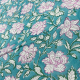 280cm - Block Print Pink Floral on Turquoise Background