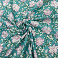 280cm - Block Print Pink Floral on Turquoise Background