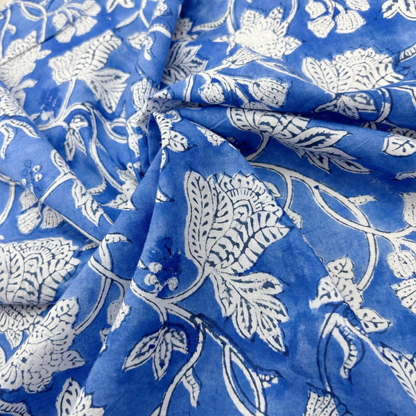 Block Print White floral on Sky Blue Background