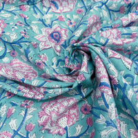 Block Print Pink Flower Vines on Baby Blue