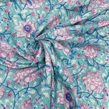 Block Print Pink Flower Vines on Baby Blue